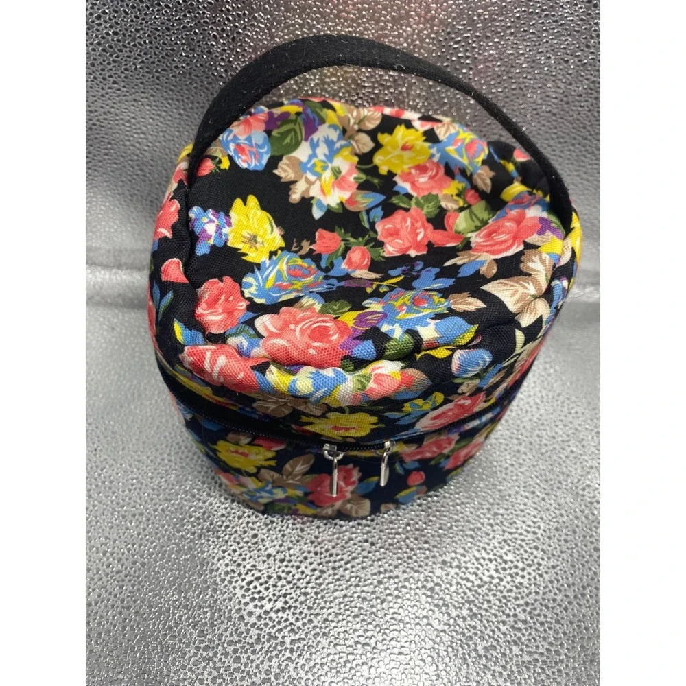 Floral Canvas Train Case Cosmetic Makeup Bag Black Multi Color Travel Organizer